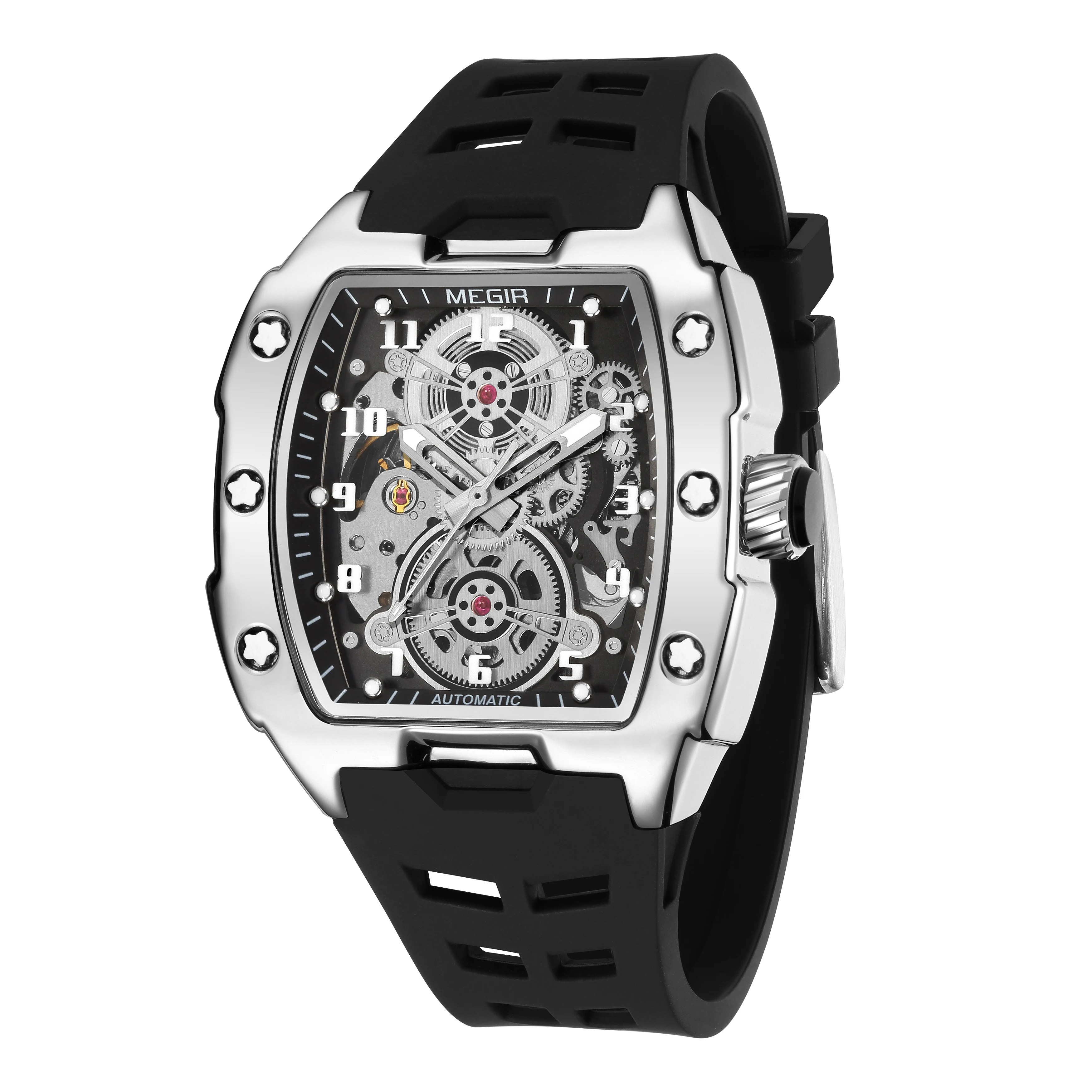MEGIR Automatic Mechanical Watches for Men 43MM Tonneau Skeleton Dial Man Wristwatch Waterproof Luminous Male Clock Reloj Hombre