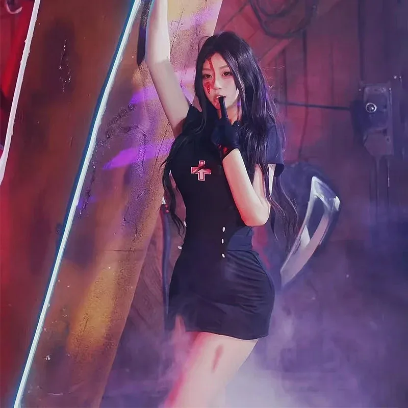 여성을위한 섹시한 할로윈 코스프레 의상 간호사 복장 흑백 매혹적인 제복 파티 공연 클럽 댄스 jk;6