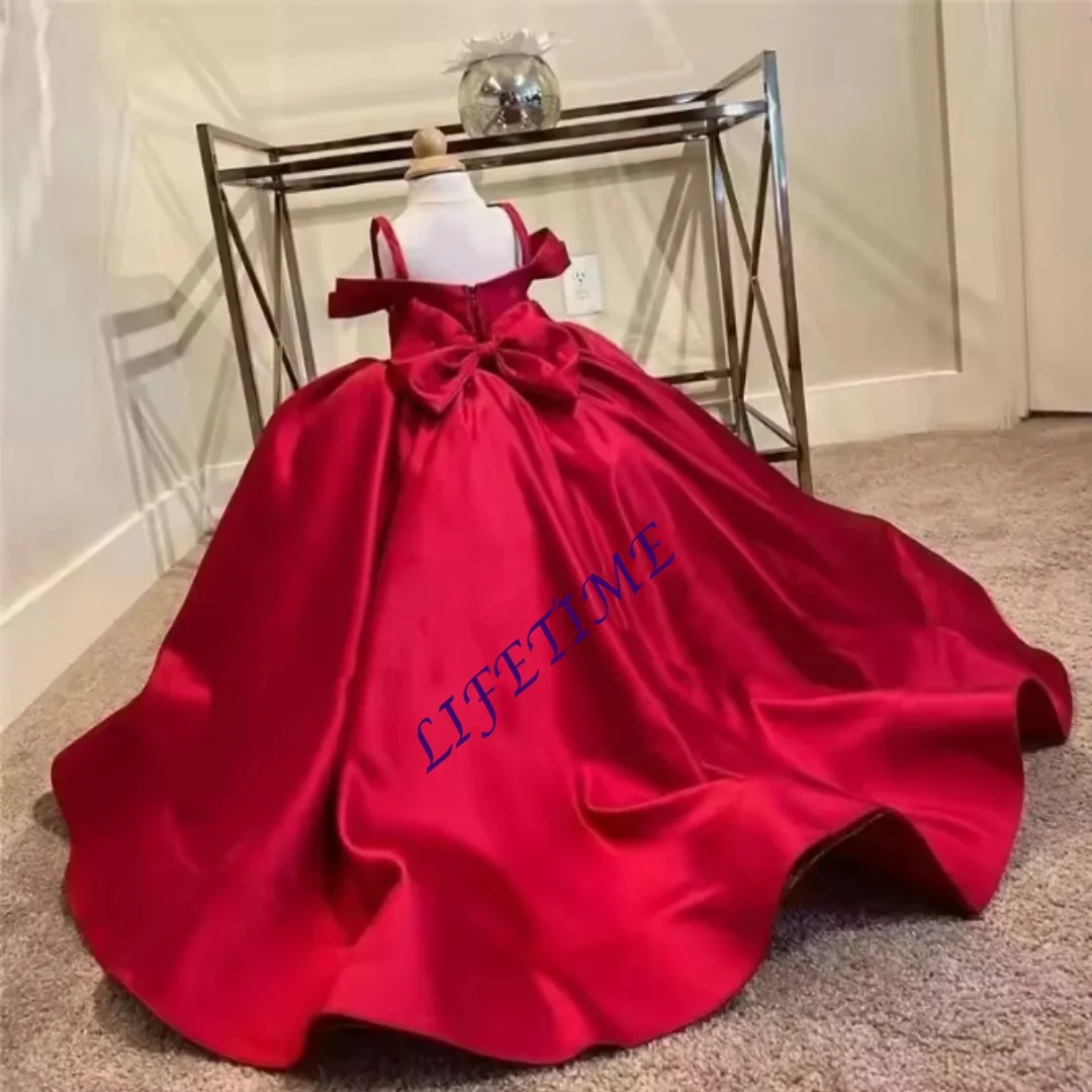 Maßgeschneidertes Erstkommunionkleid für Mädchen mit großen Schleifenträgern, langer Schleppe, Blumenmädchenkleid für Hochzeitsfeiern