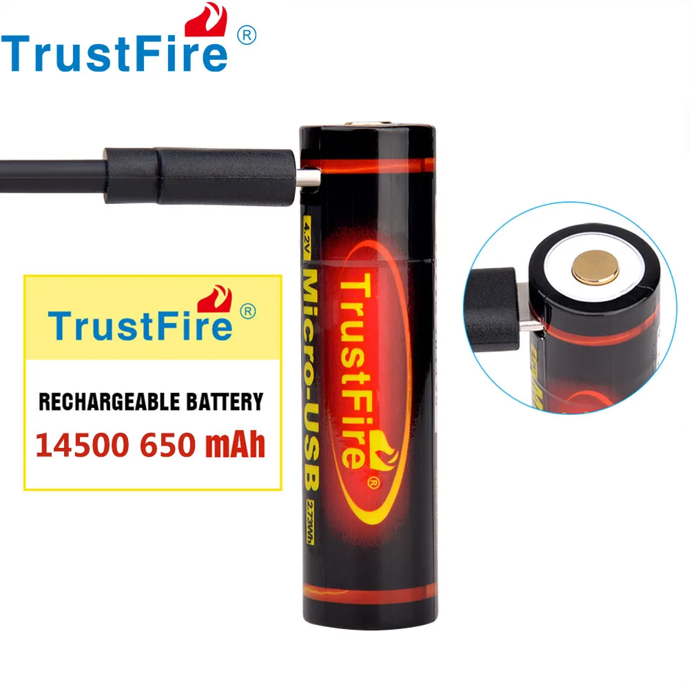 Batterie Trustfire 14500 650mAh rechargeable par USB, lithium 3.7V