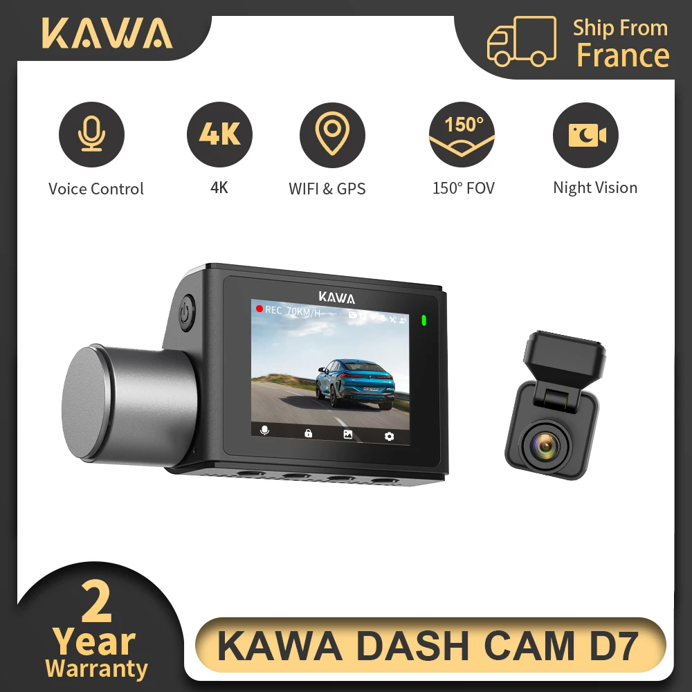 KAWA Dash Cam D7 4K Dashcam Vorne und Hinten, Sprachsteuerung, Nachtsicht, 24H Parküberwachung, Wi-Fi 6, Integriertes GPS, G-Sensor, Auto-DVR, 2K DHR