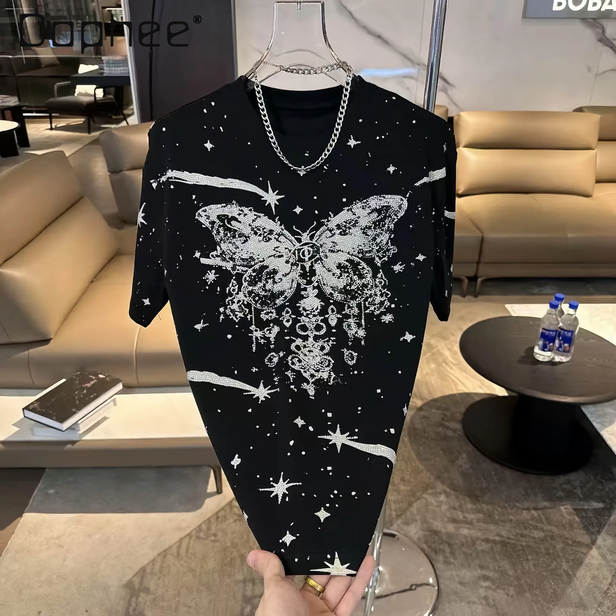 Summer High Street Rhinestone Starry Butterfly White T-Shirt Men Shiny Meteor Star Print Oversized Black Casual Short Sleeve Top