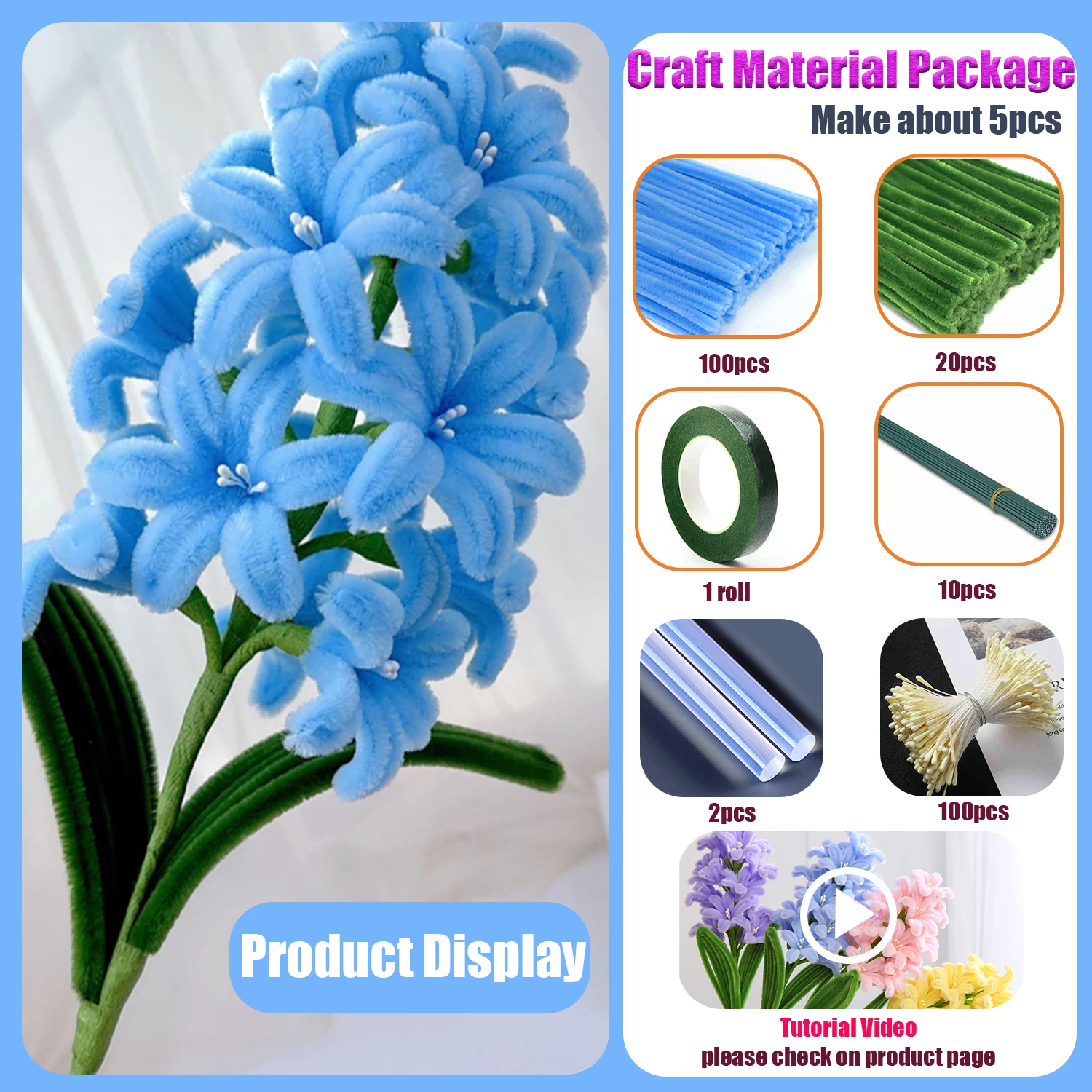 234Pcs Hyacinth Flower Pipe Cleaner Craft Kit DIY Handmade Set with Tutorial Card Beginner-Friendly Creative Crafts for Birthday