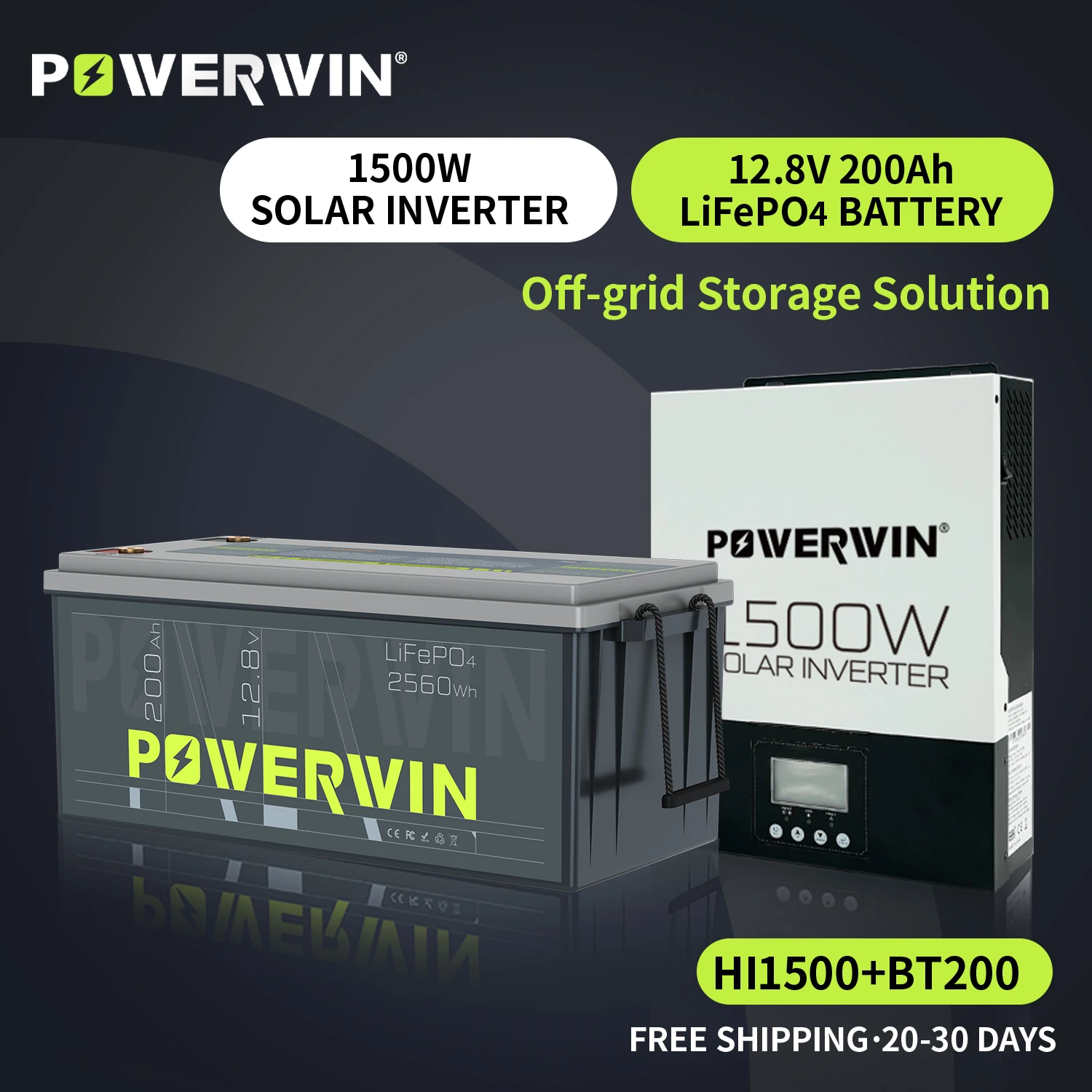 POWERWIN BT200 LifePO4 12V 200Ah/2560Wh HI1500 Hybrid Solar Inverter 1500W 12V Off-grid LCD Pure Sine Wave 80A MPPT Battery