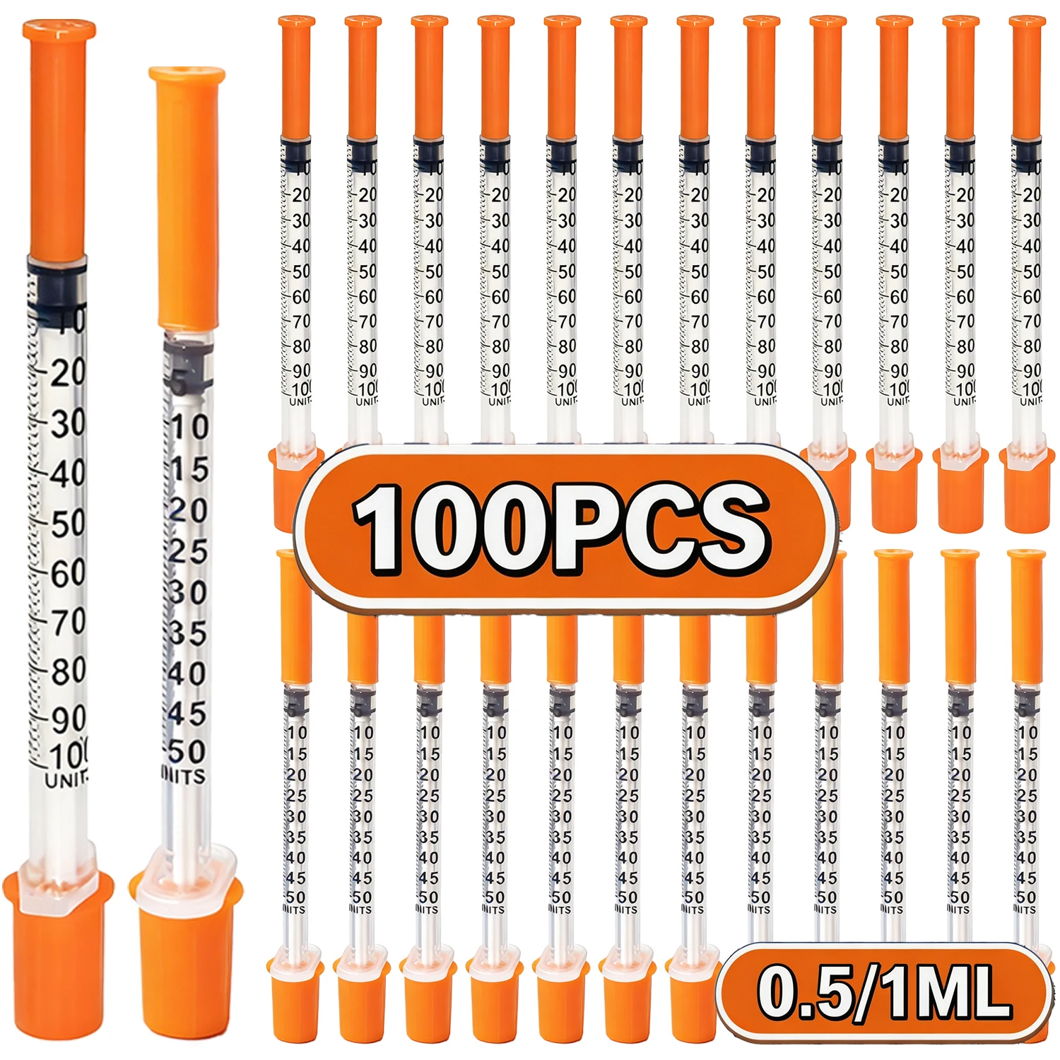 100PCS 1ml/0.5ml 8mm Disposable Insulin Syringe Needle Orange Cap Sterile Individual Packed Safety Low Pain for Animal Farm Pet