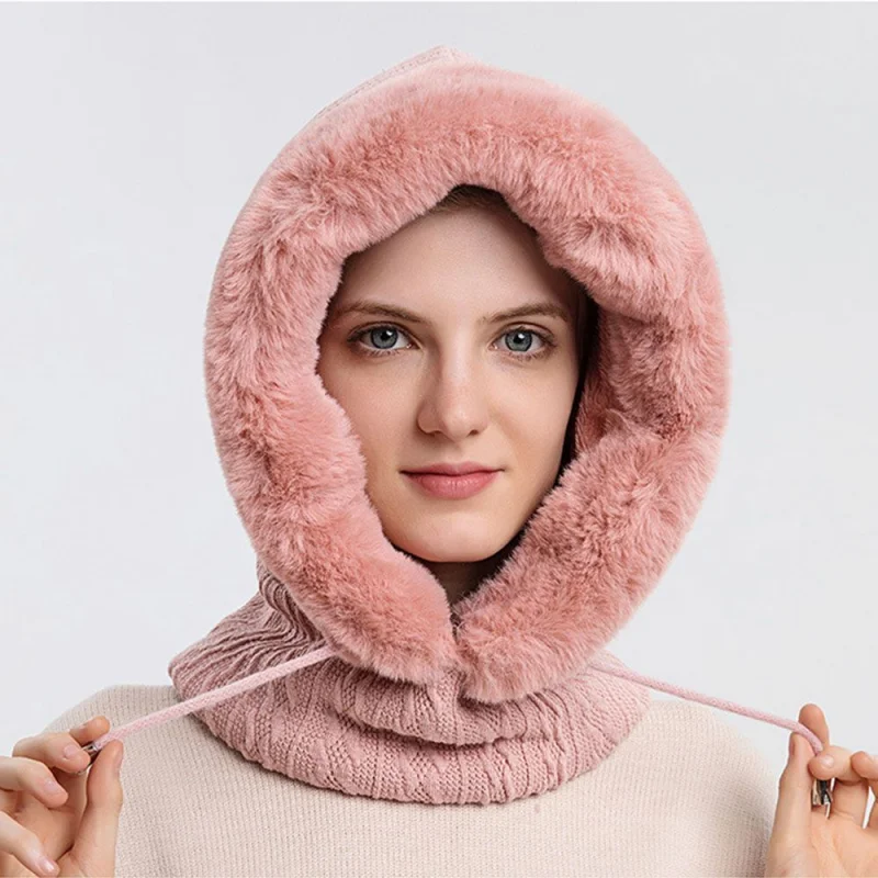 Damen Wintermütze Schal Kapuzenset Plüschfell Warmer Halstuch Maske Dicker Plüsch Flauschig Camping Outdoor Sport Skifahren Winddichte Mütze