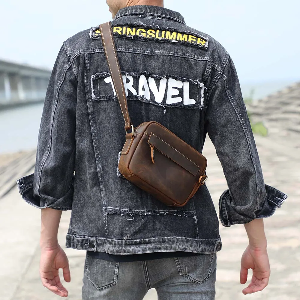 S.WORKER Vintage-Umhängetasche aus Vollnarbenleder, Herren-Schultertasche, Mini-Handy- und Schlüsseltasche – Detail 6