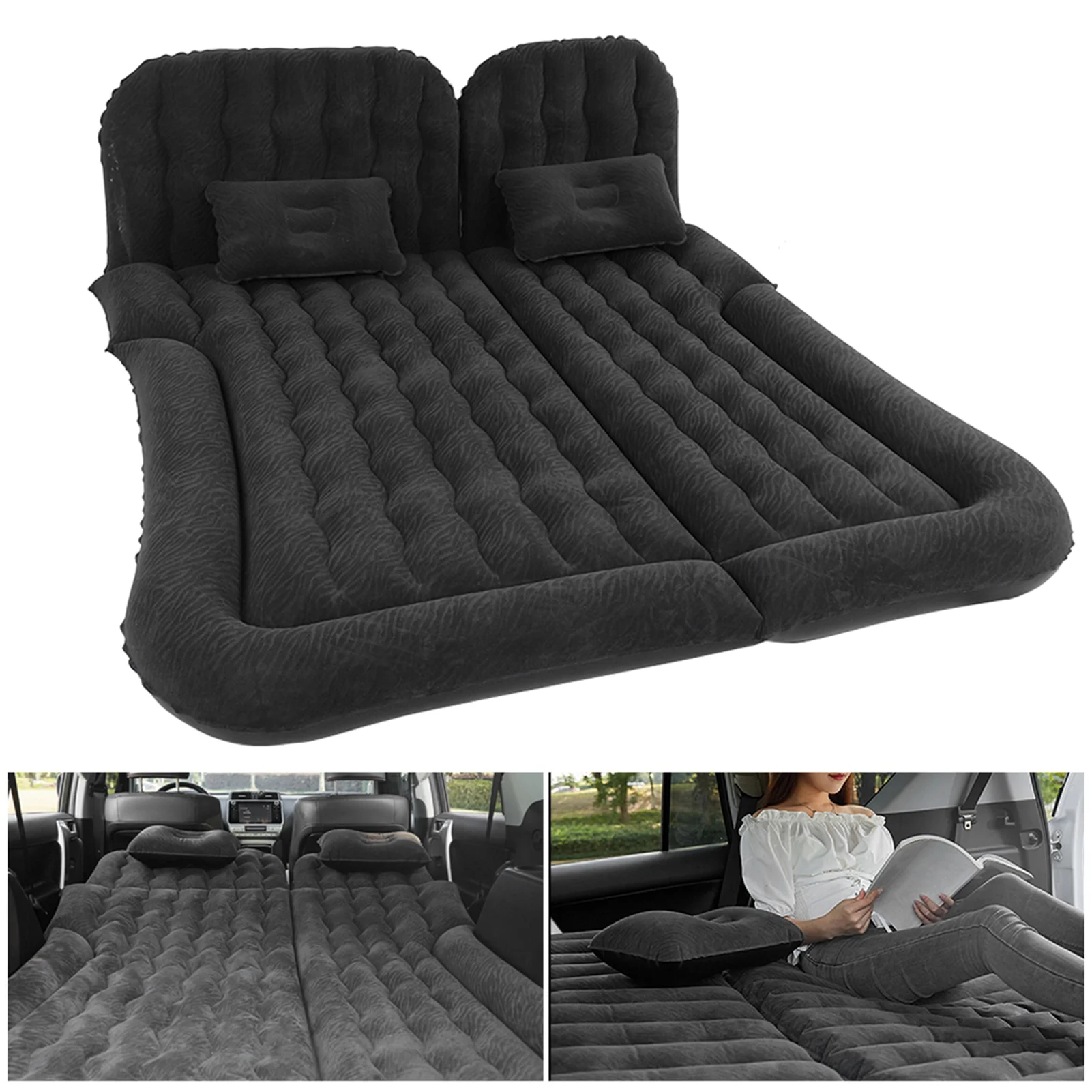 Car Inflatable Bed 2‑In‑1 Multifunction Inflatable Travel Mattress PVC Flocking Soft Sleeping Rest Cushion for Car SUV