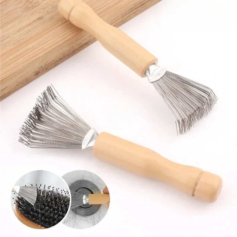 

1pc Hair Brush Cleaner Mini Dirt Remover Home Travel Salon Rake with Metal Wire Portable Comb Brush Wooden Handle Cleaning Tools