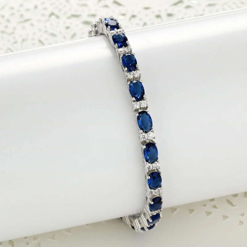 

19CM Sapphire Glass Oval Design Chain Bracelet Silver Tennis Bracelets