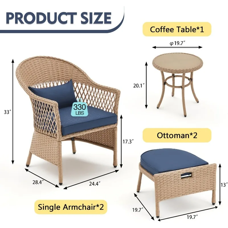 AVAWING 5 Pieces Patio Furniture Set, Outdoor Rattan Chairs with Round Glass Coffee Table, Ottomans & Soft Cushions,