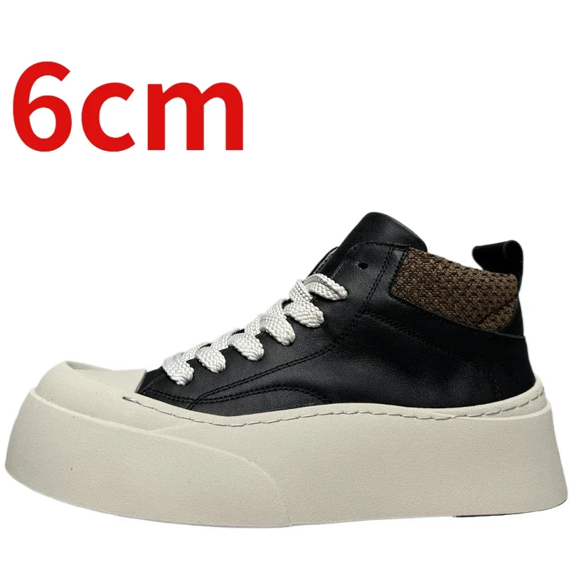 American Trendy High Top Board Shoes for Men's Genuine Leather Retro Thick Soled Height Increasing Casual Mid Cut Workwear Shoes