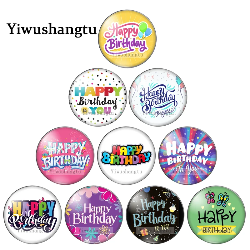 

Happy Birthday Word Art Paintings 12mm/18mm/20mm/25mm Round photo glass cabochon demo flat back Making findings