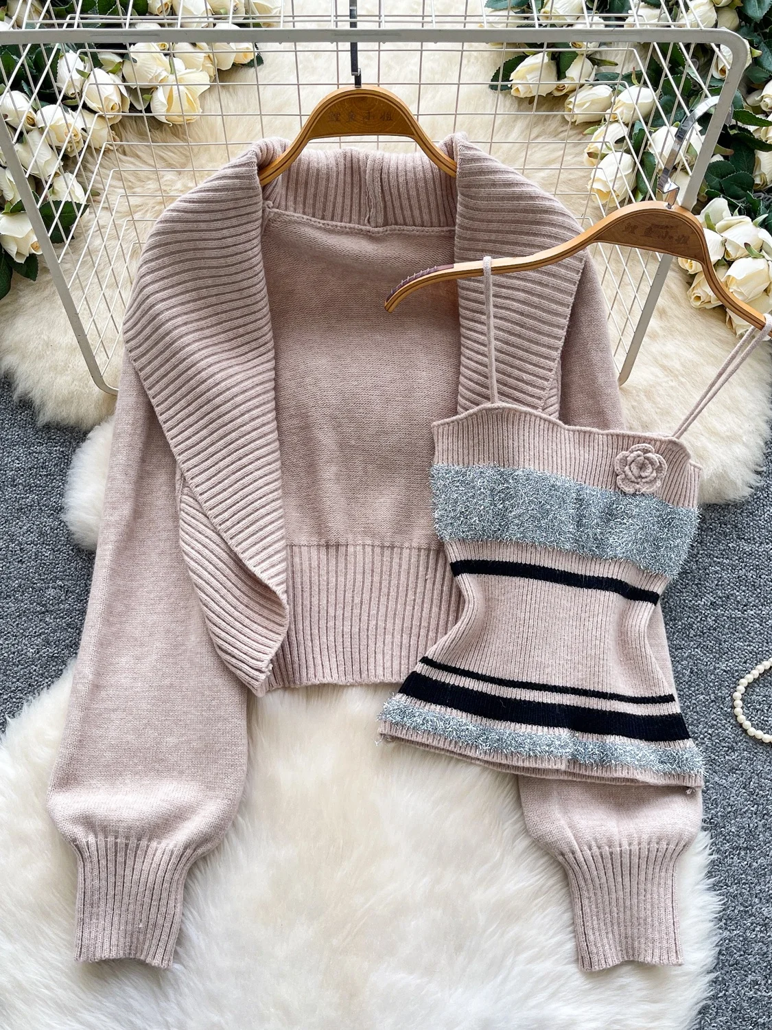 Ele Knitted Long Sve Open Cardigan Weste Top Set Damen Svel Gestreiftes Tube Top Oberbekleidung Herbst Faionable Ensemble