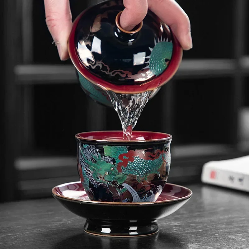 Chinese Green Dragon Tea Cup Wired Enamel Master Cup Ceramic Jucai Water Tank Cup Luxurious Black Tea Bowl Business Gifts
