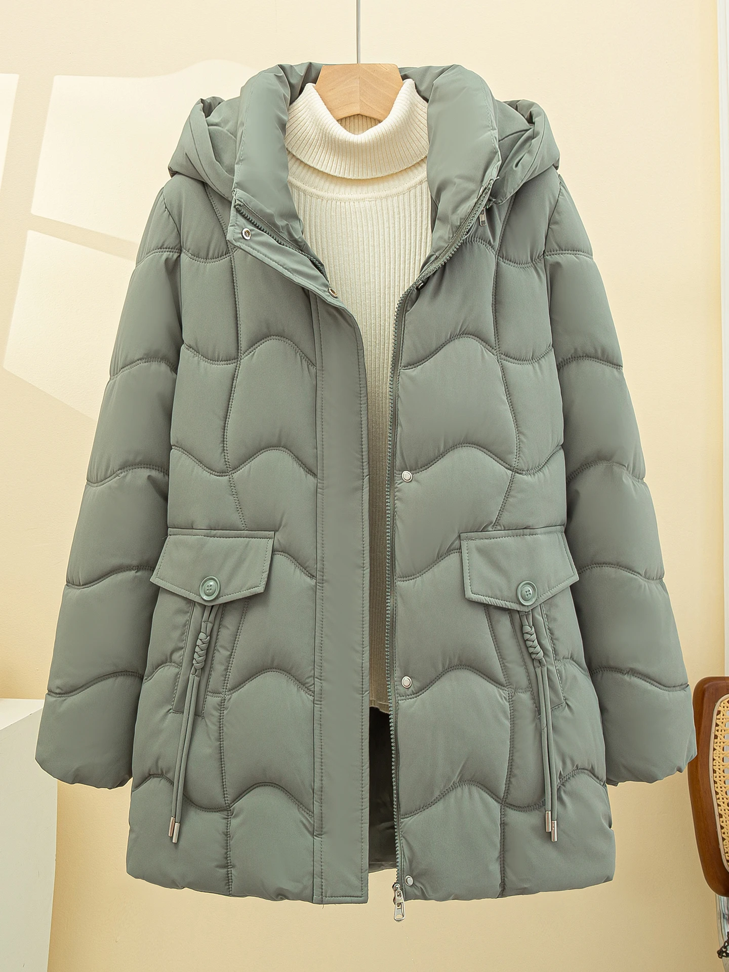 

Women's Mid-Length down Cotton Jaet Thiened Winter Coat Small Size Live Hat Cotton Padded Coat Korean Sle Long Sve