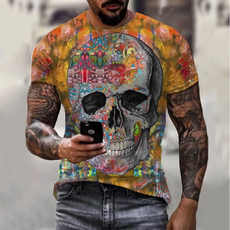 2023 summer New Men\'s Retro round neck T-shirt 3D Print Skull Pattern Trend Fashion Loose  Short Street Sleeve Tops Men Garment