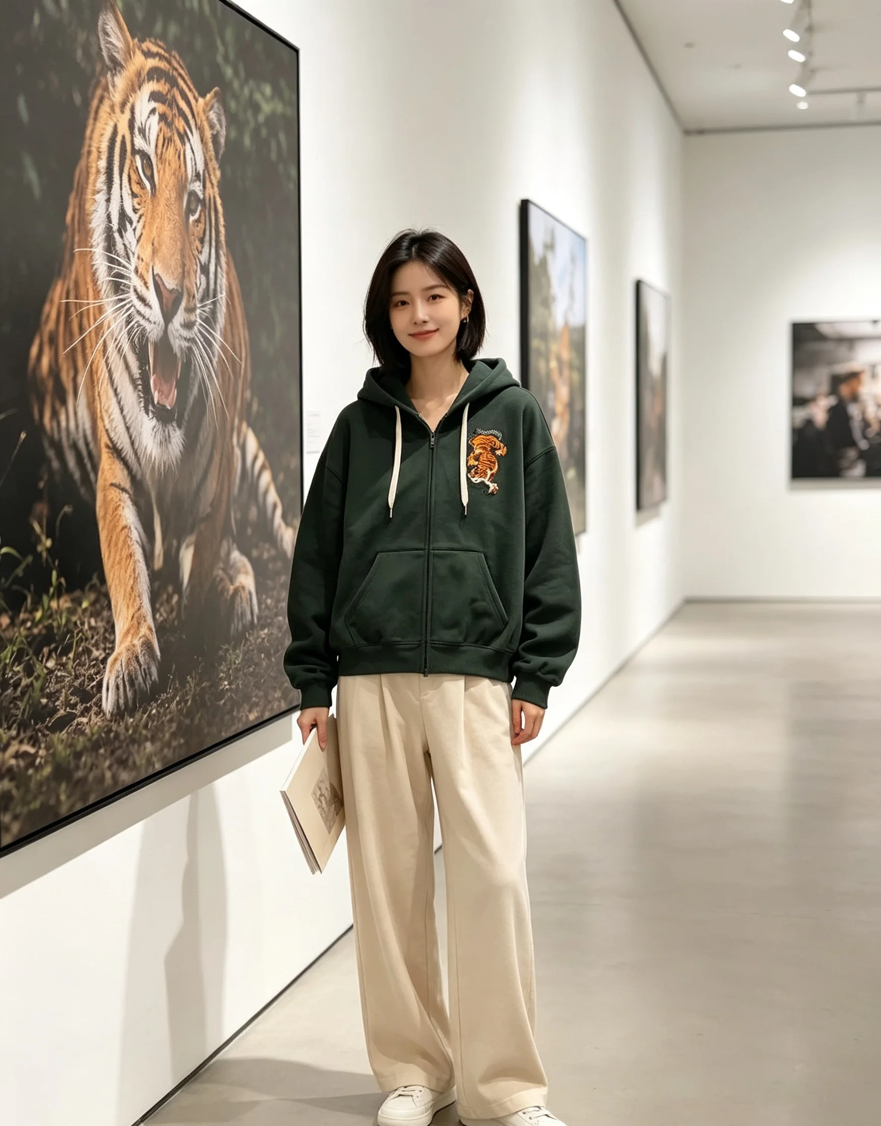 Vintage Tiger-Stickerei Zip-Up Hoodie Dunkelgrün Übergroße Lässige Kapuzenjacke Unisex Streetwear Oberbekleidung – Detail 5