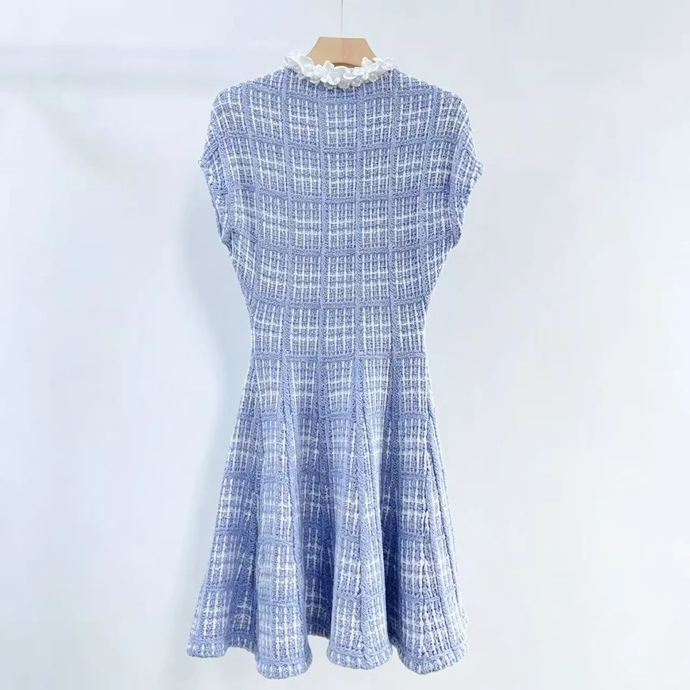 Women Wool Blend Knit Mini Dress Ruffle Collar Cap Sleeve Plaid A Line Dress Elegant Flower Button Slim Party Dress For Ladies