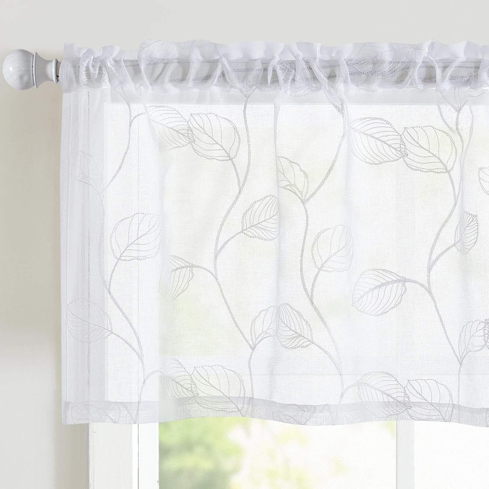 

jinchan White Sheer Leaf Curtain Kitchen Valance for Windows Leaf Embroidered Voile Small Curtain Valance Rod Pocket 1 Panel