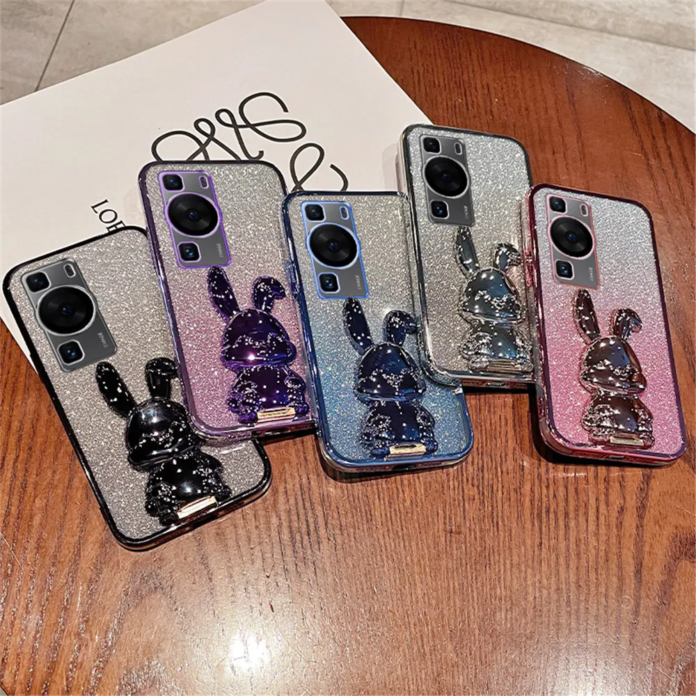 Cute 3D Rabbit Stand Plating Glitter Case For Huawei P30 Lite P40 P50 P60 Pro P Smart 2021 Mate 30 40 50 Pro Soft Protect Cover