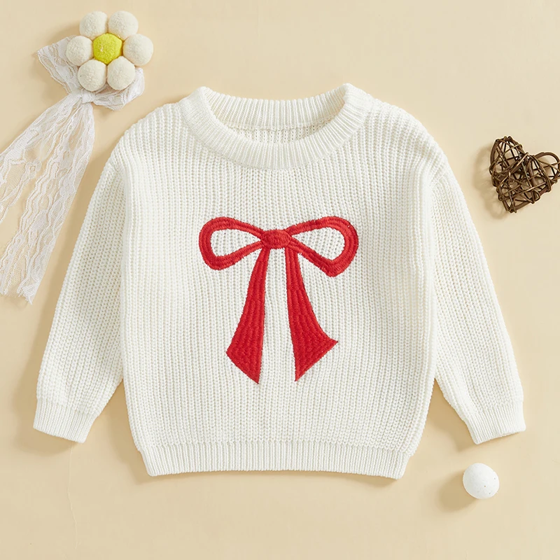 

Toddler Girls Boys Sweater Bowknot Pattern Crew Neck Long Sleeve Baby Pullovers Fall Winter Casual Tops