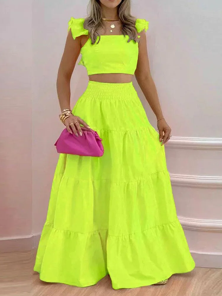 Floral Print Shirred Back Crop Tops & Maxi Skirts Set Summer Women Two Piece Set