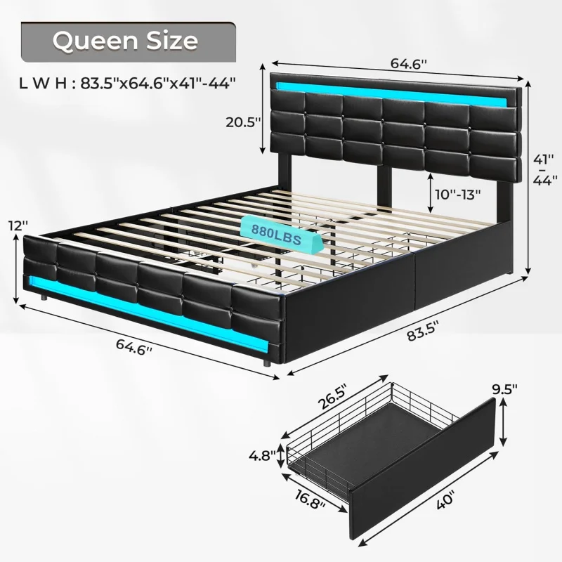 ADOVE Lights Leather Platform with Storage Drawers and Charging Station,LED Bed Frame Queen Size