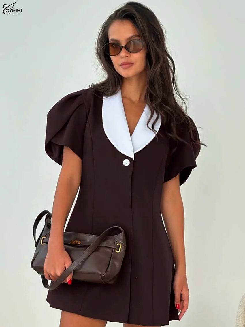

Oymimi Fashion Wine Red Patchwork Women's Dress Elegant Lapel Shrot Sleeve Single Button Dresses Casual A-Line Mini Dress Female