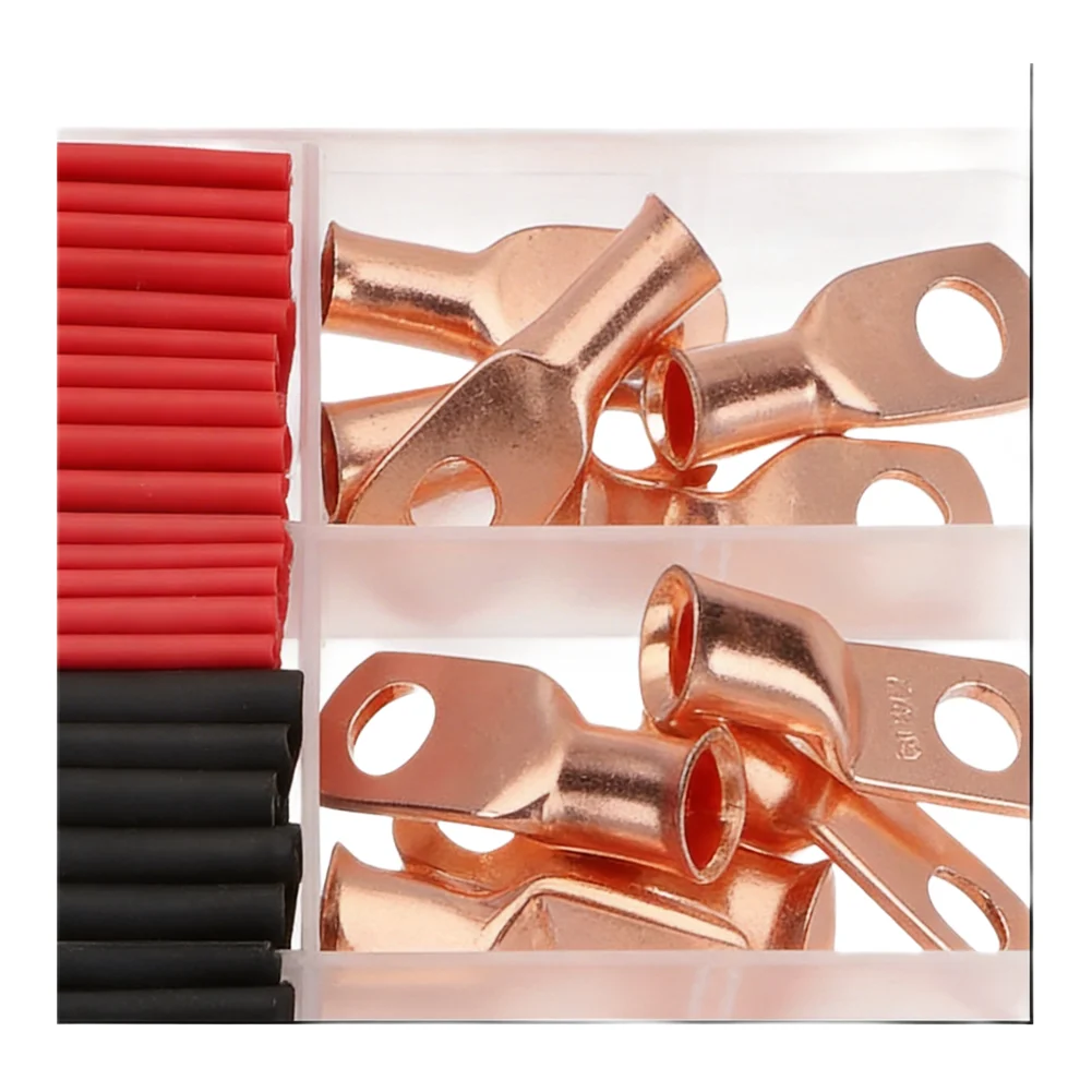 30Pcs Copper Nose Terminal Connectors AWG 2 4 6 Ring Lug With 30 Heat Shrink Tubing 3:1 Ratio Black And Red Tubes
