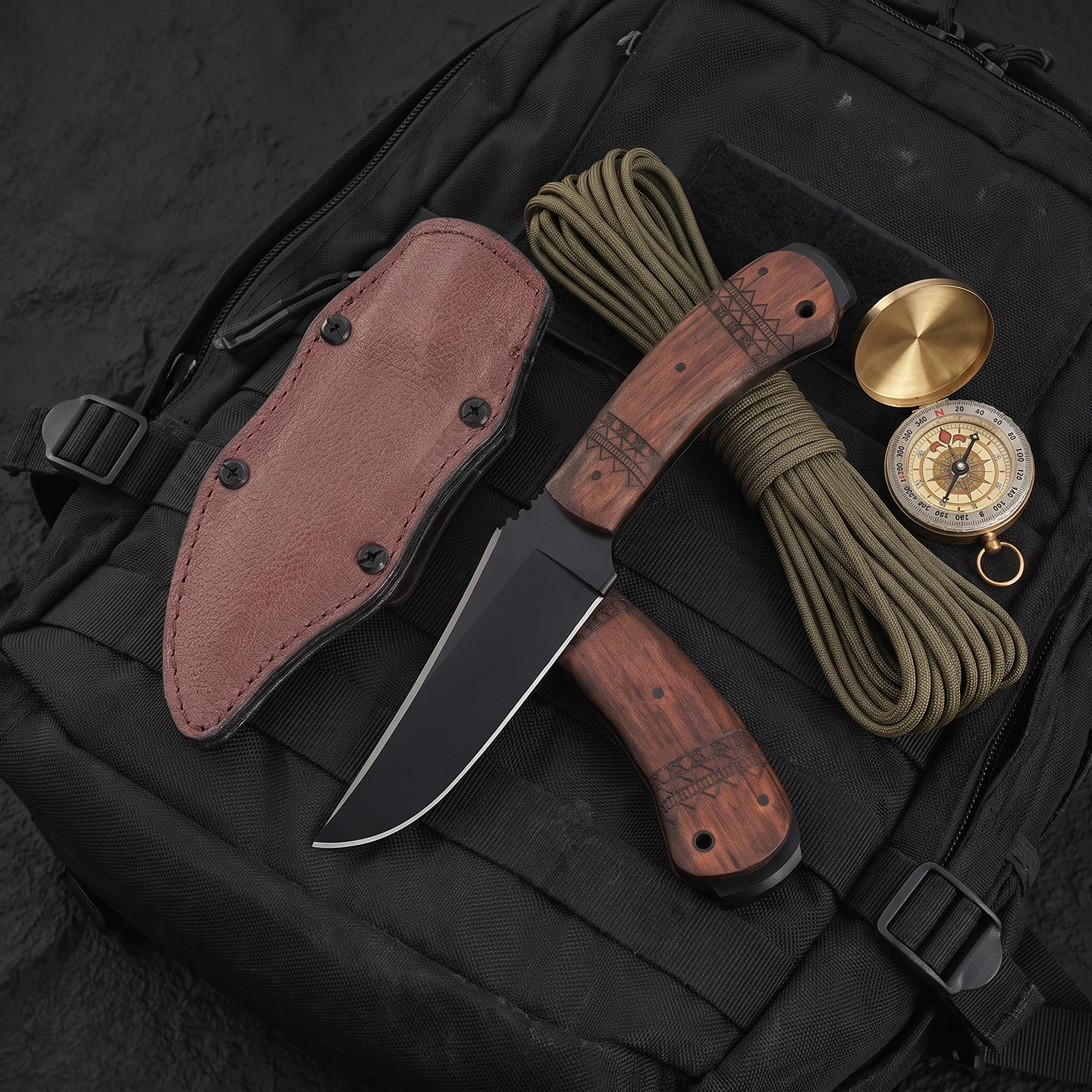 WK Crusher Multi-functional Outdoor Knife with Maple Wood Carved Handle Tactical Silent Sheath - Protective Knife