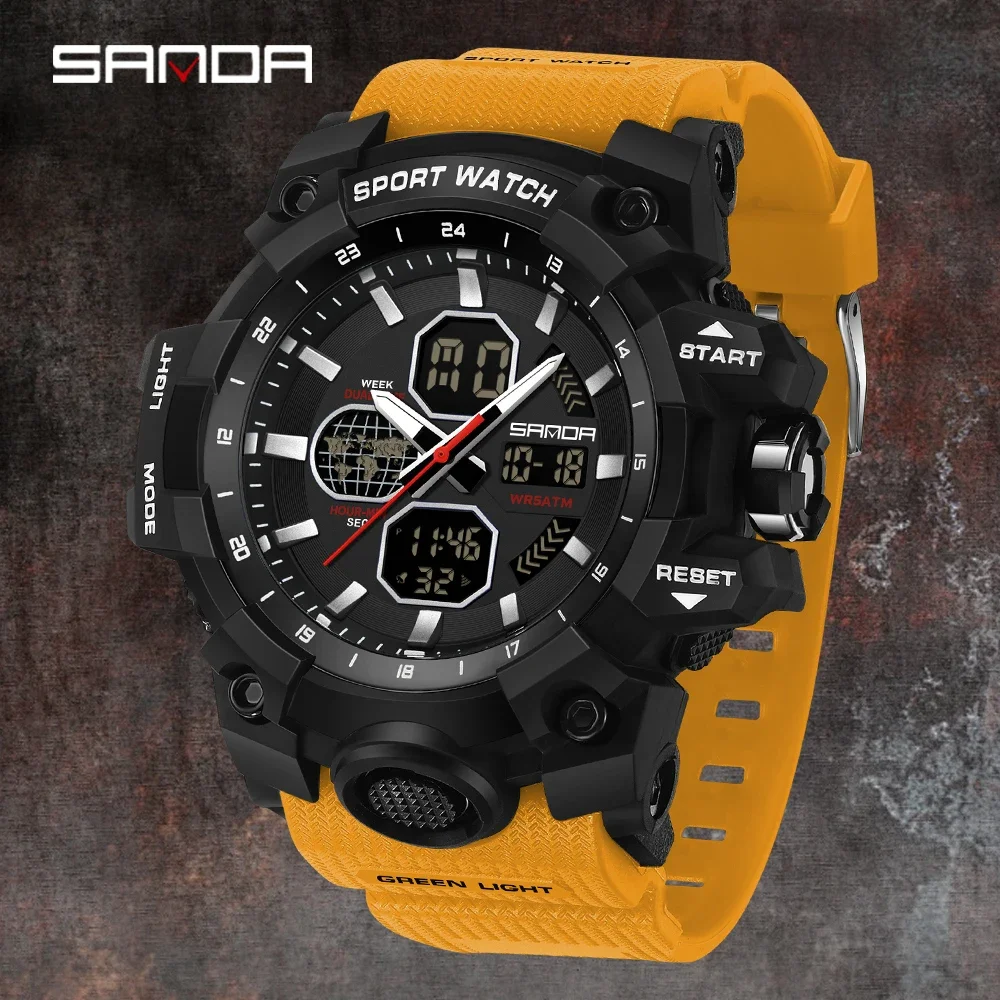 SANDA 9093 Men Electronic Watch Trendy Fashion Sport Waterproof Date Pointer Digital Analog Dual Display Wrist Watch for Student