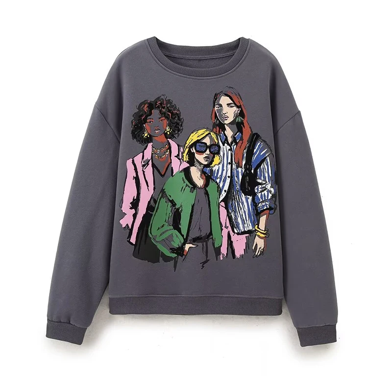 

Autumn Winter Women Girl Print Dark Gray Sweatshirt Long Sleeve O Neck Casual Pullover Female Loose sudaderas