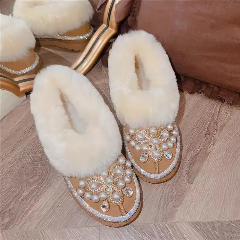 Handmade pearl diamond trim women's cotton shoes sweet comfortable thick round head snow boots 35-40