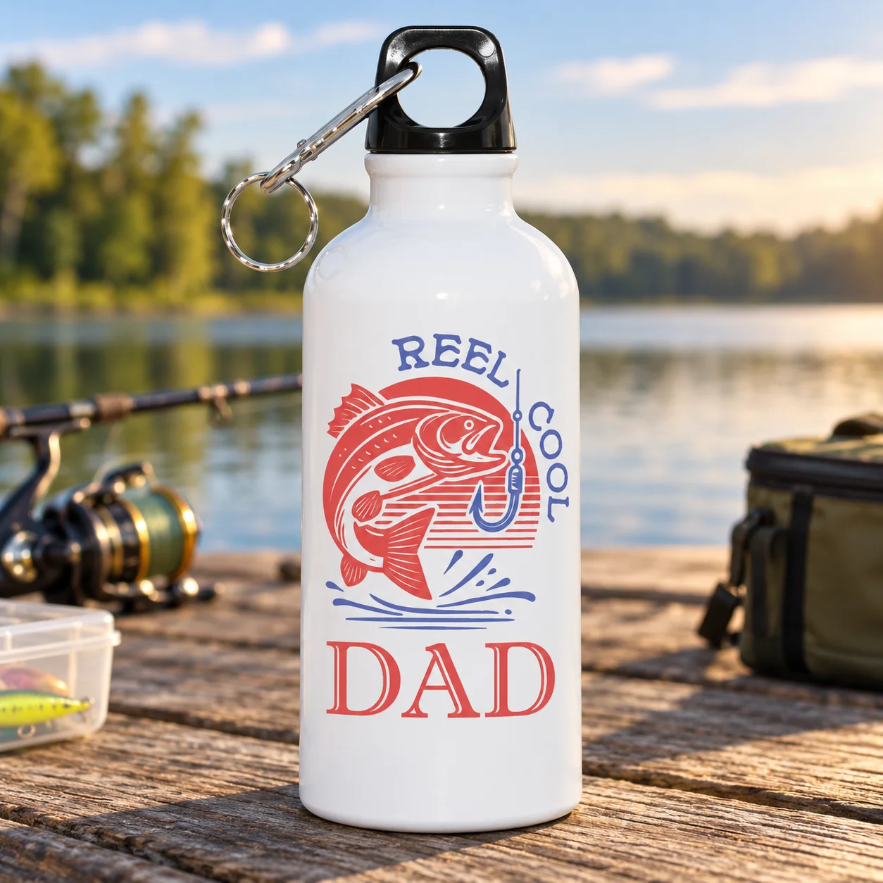 1pc Sublimation Aluminum Water Bottle, Reel Cool Dad Fishing Print Sports Water Bottle with Carabiner, Portable Reusable Drink
