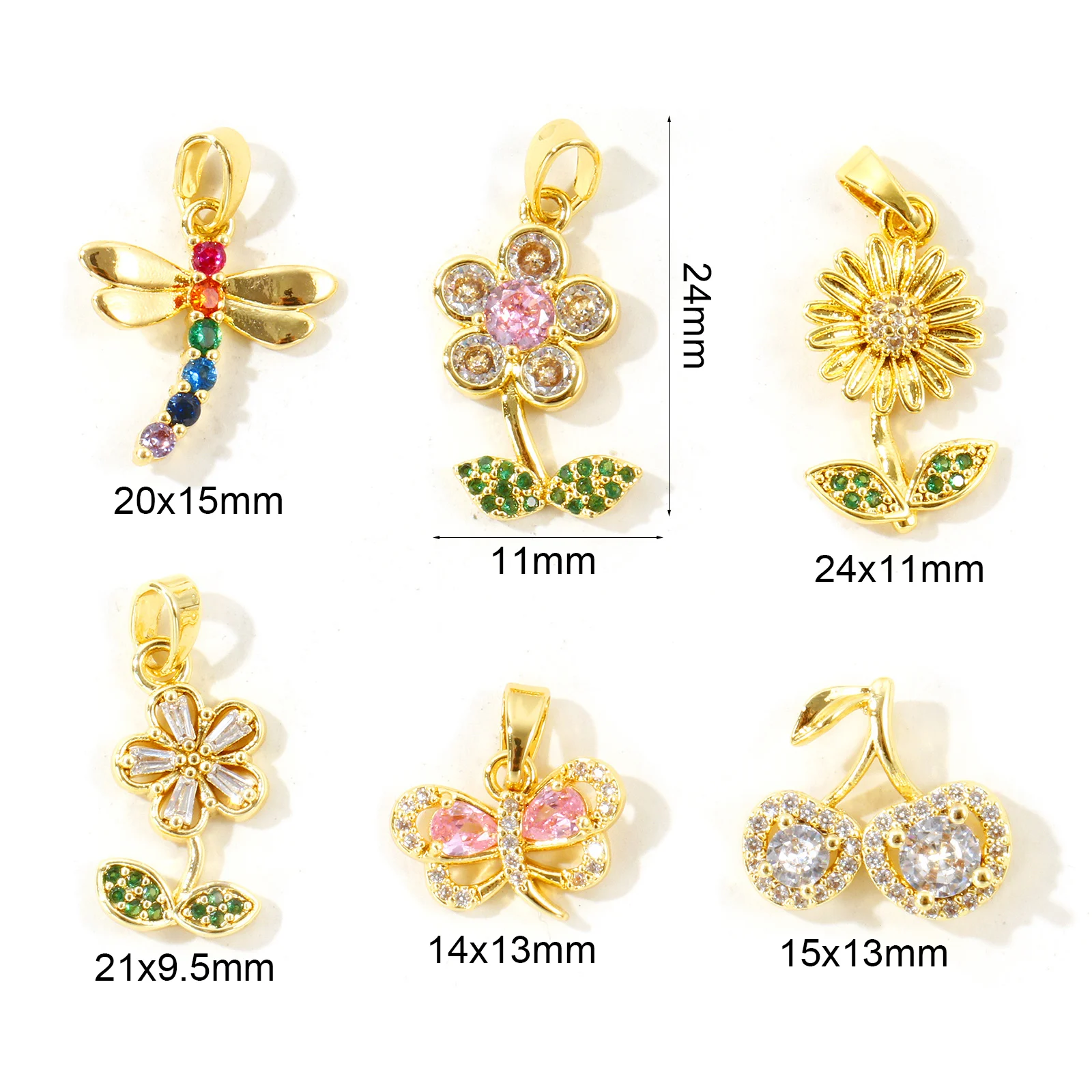 2pcs Mini Flower Butterfly Dragonfly Animal Charms Multicolour Cubic Zirconia Gold Plated Brass Pendants DIY Necklace Jewelry