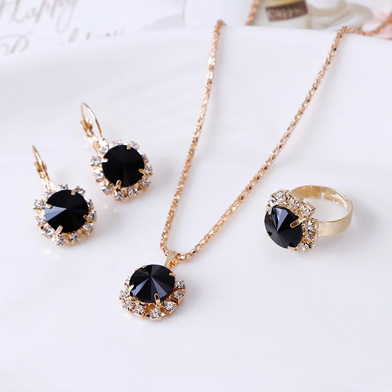 Fashion Jewelry Set for Women Round Crystal Pendants Earrings Ring Sets Bridal Decoration Colorful Three Piece Gifts Conjunto