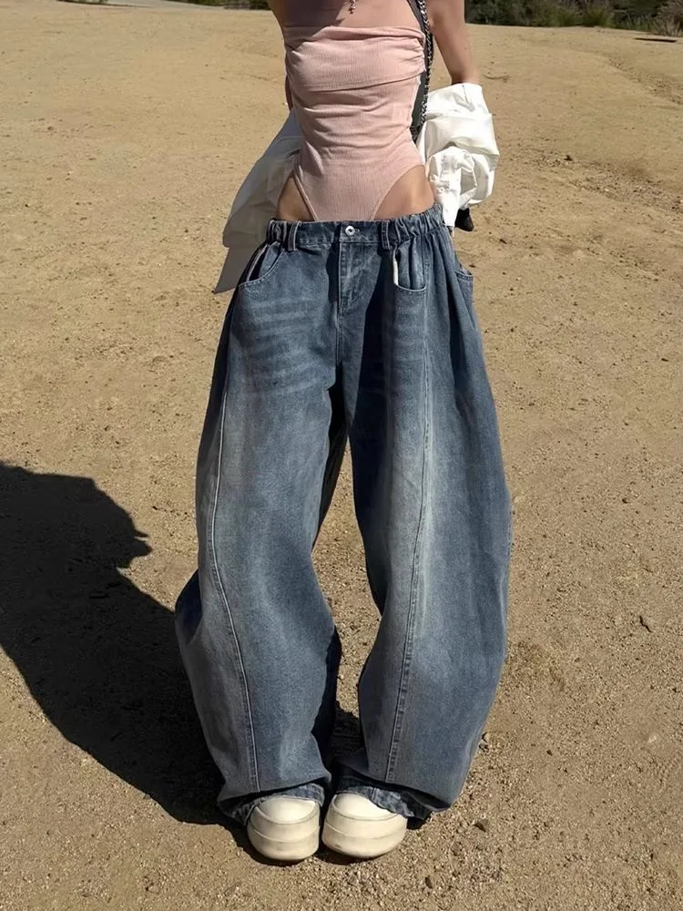 

American Retro Low Waist Knife Denim Jeans Women's Spring Autumn High Street Loose Slim Wide Leg Pants Hot Girl