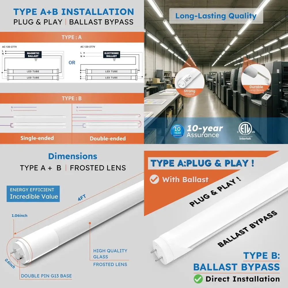 

Светодиодные лампы T8, 48 дюймов, 2000 люмен, дневной свет 6500K, гибрид A+B, матовые, сертифицированы ETL