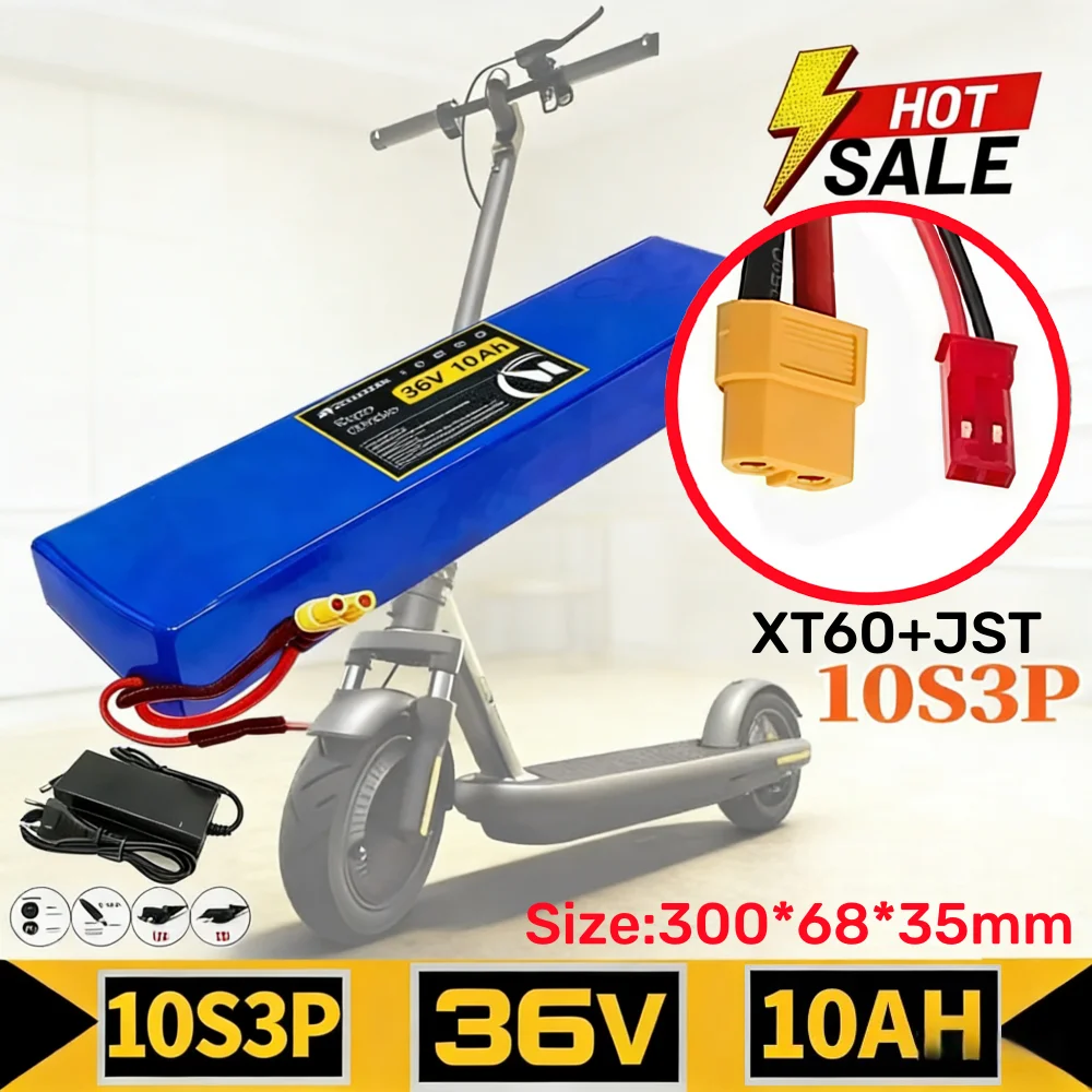 36V 10000mAh 10S3P 18650 Li-ion Battery Pack Built-in BMS High Capacity with XT60 JST Plug for 42V Electric Scooter.