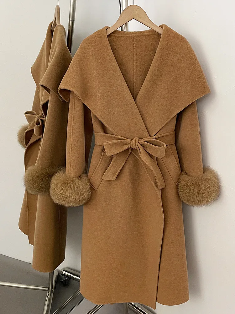 معطف نسائي أنيق من مزيج الصوف من ZMEENNA مع ياقة شلال وحزام ربط قابل للفصل وأصفاد من الفرو ملابس خارجية شتوية ZM4711