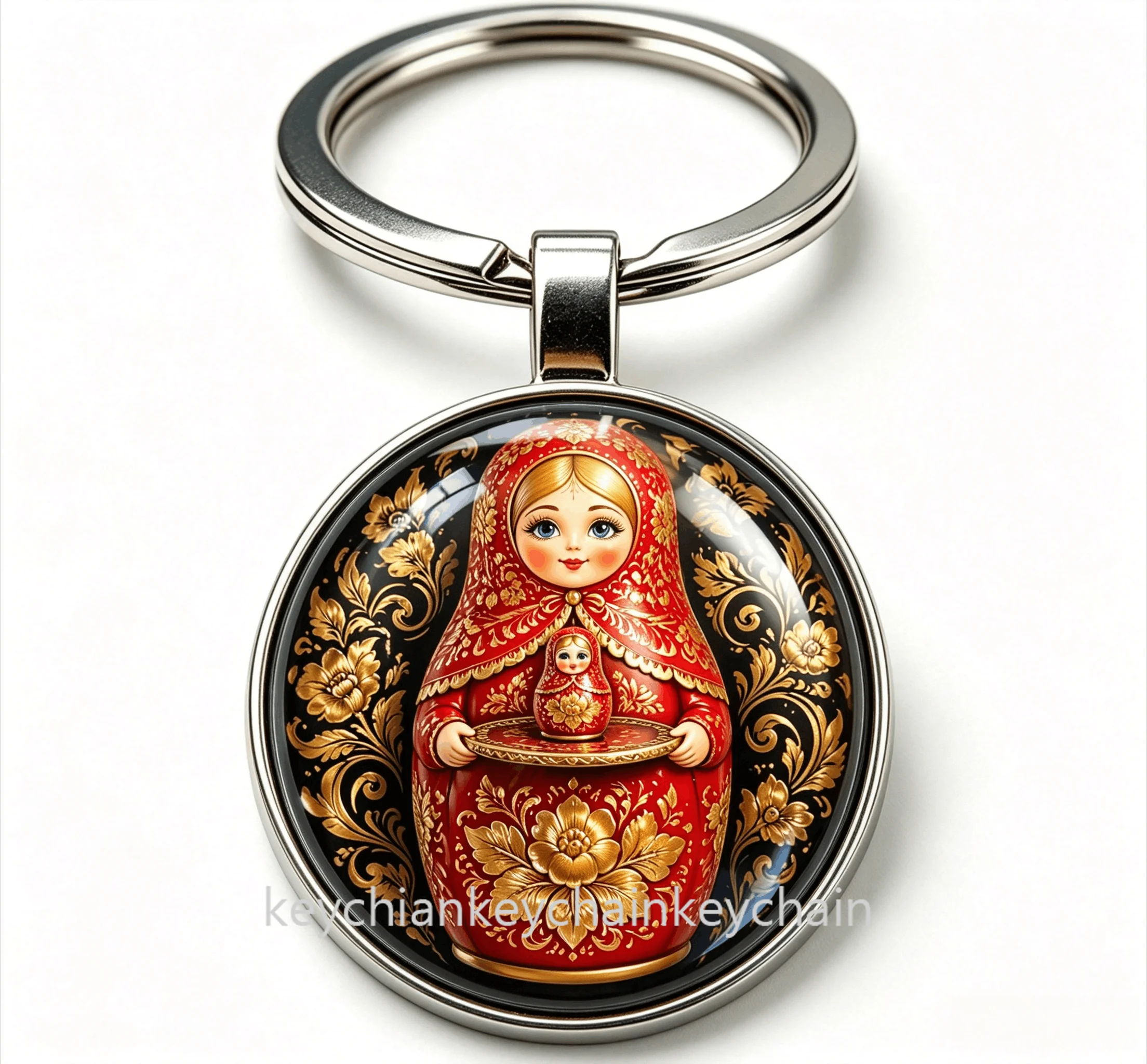 Doll Keychain, Russian Doll Round Keyring, Folk Art Gift