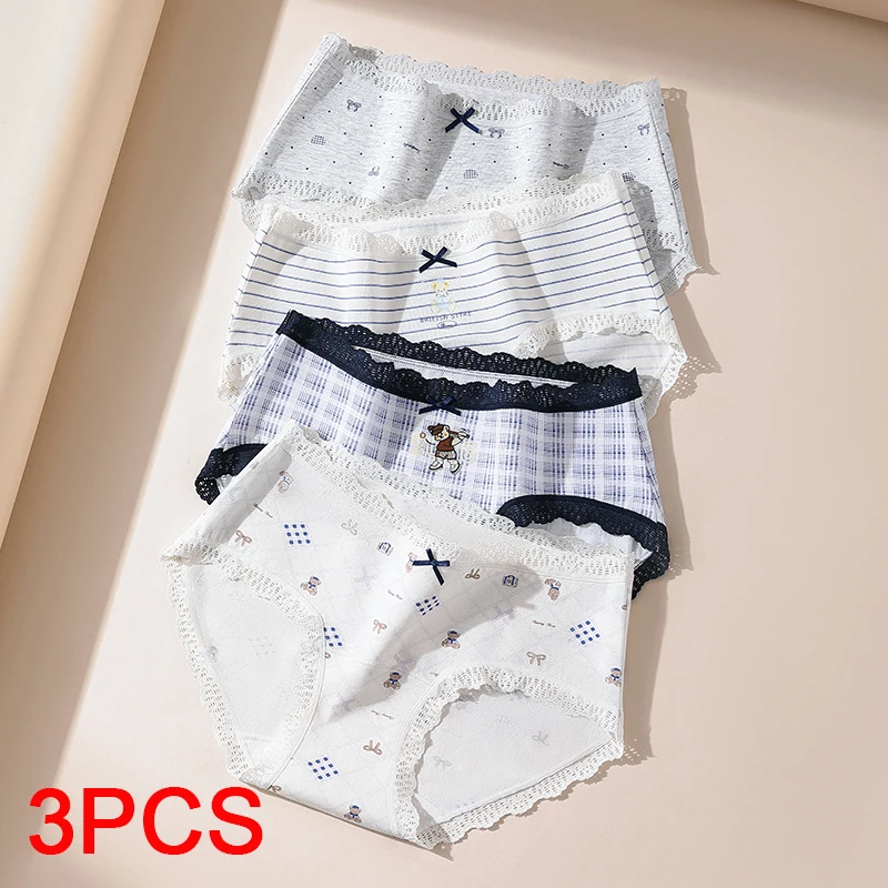 3Pcs Women Underwear Lady Soft Women's Cotton Briefs Fashion Plus Size Lace Sexy Panties Set Pack Lingerie Seamless Underpants