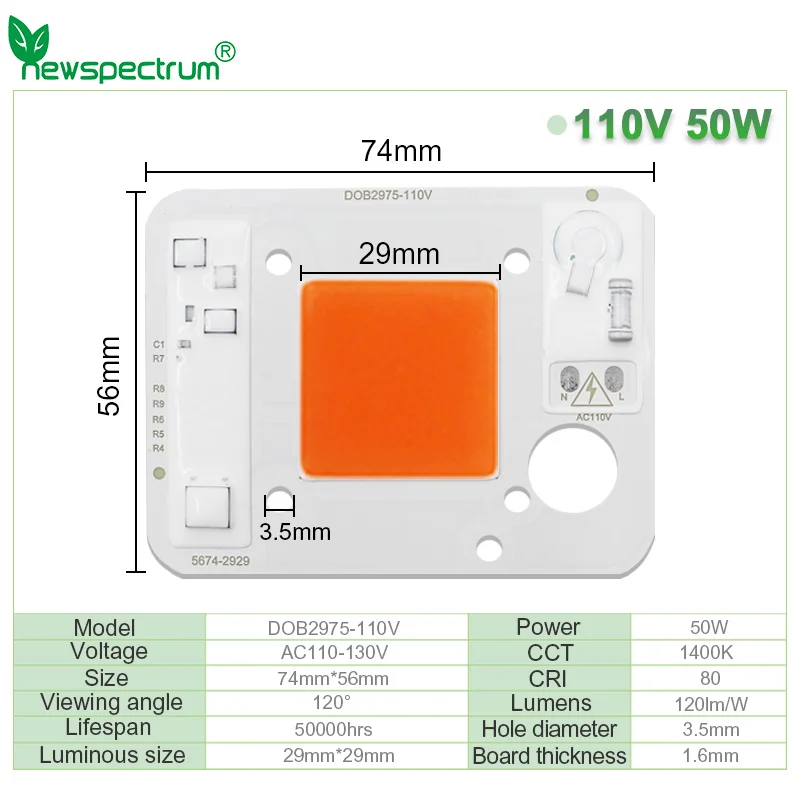 50W LED COB Chip 110V 220V Luminous Size 29X29mm High Brightness Full Spectrum For Outdoor Indoor Plant Seedling Hydroponice