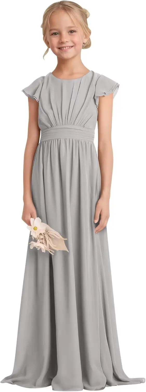 A-Linie Chiffon Junior Brautjungfernkleid Blumenmädchenkleid für Hochzeit Teenager Rüschenärmel Abschlussball Party Kleider Mädchenkleid