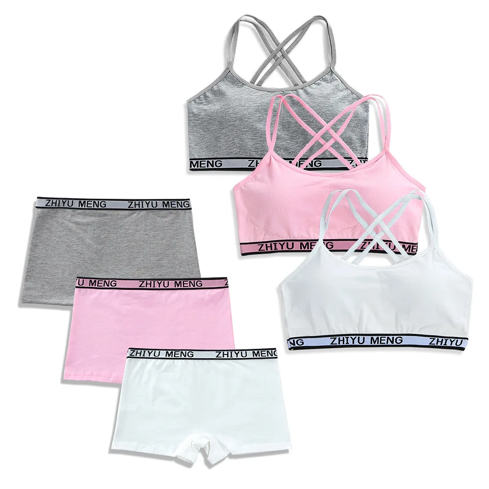 Teenager Girls Bra And Panties Set Casual Young Children Solid Cotton Padded Training Bra+Elastic Waist Brief Kids Underwear Set