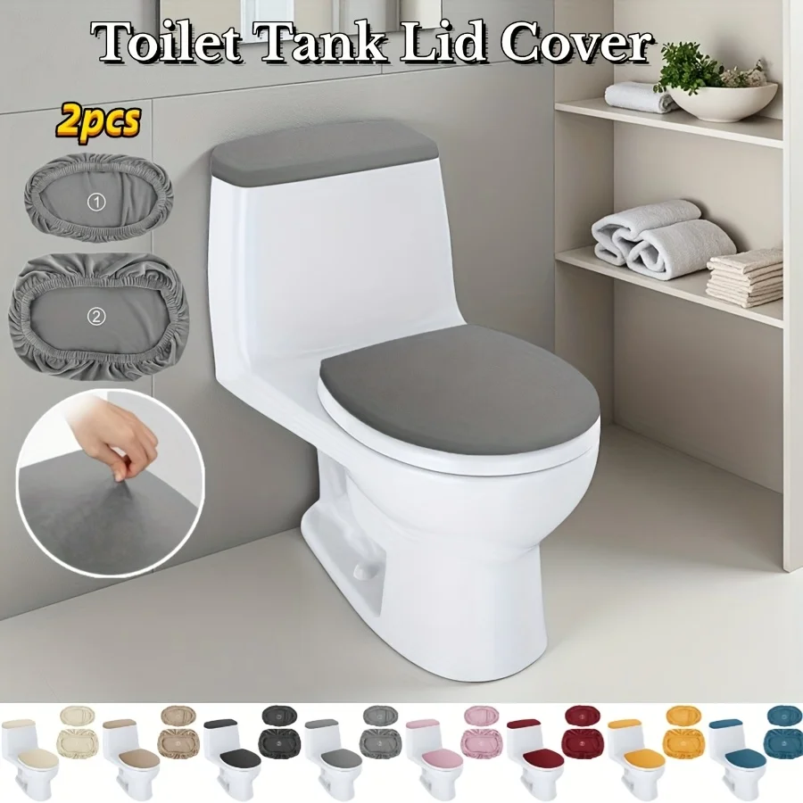 2pcs of solid color elastic toilet seat cover, easy to disassemble and durable toilet lid, water tank dust protection cover