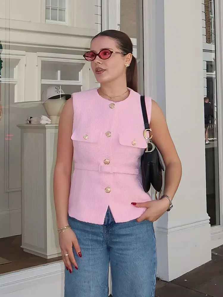 TRAFZA 2025 Woman Button Pockets Decoration Casual Slim Waistcoat Top Women Chic O-Neck Sleeveless Texture Vest Top Mujer image 2