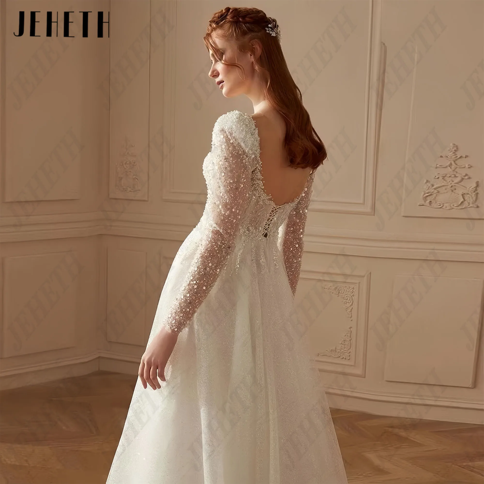 JEHETH Luxury New Evening Dresses Exquisite Beading Sexy Off Shoulder Long Sleeves Princess Style Mopping Bride Gowns Customized