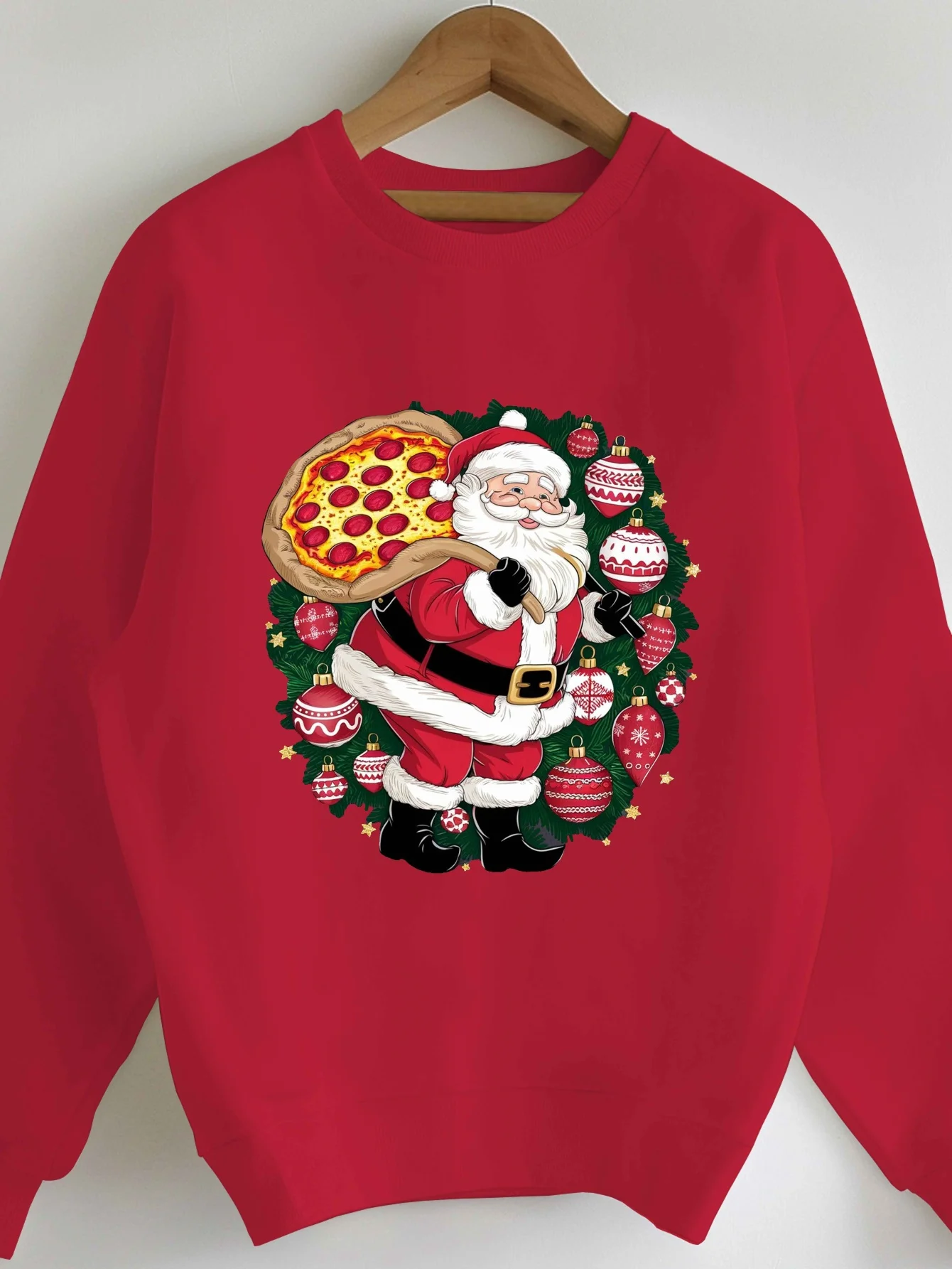 1Pc Festive Christmas Casual Sweatshirt for Women, Plus Size Polyester Santa Claus with Pizza Print, Long Sleeve Round Neck Pull